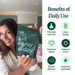 Woman holding a 'feel mighty all day' package with benefits listed on the right.